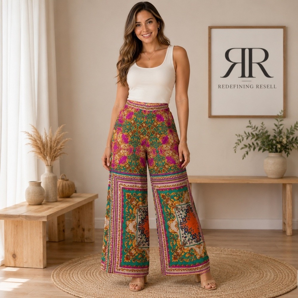 Flying Tomato Womens Wide Leg Palazzo Pants Baroque Scarf Print Multi M IP4907